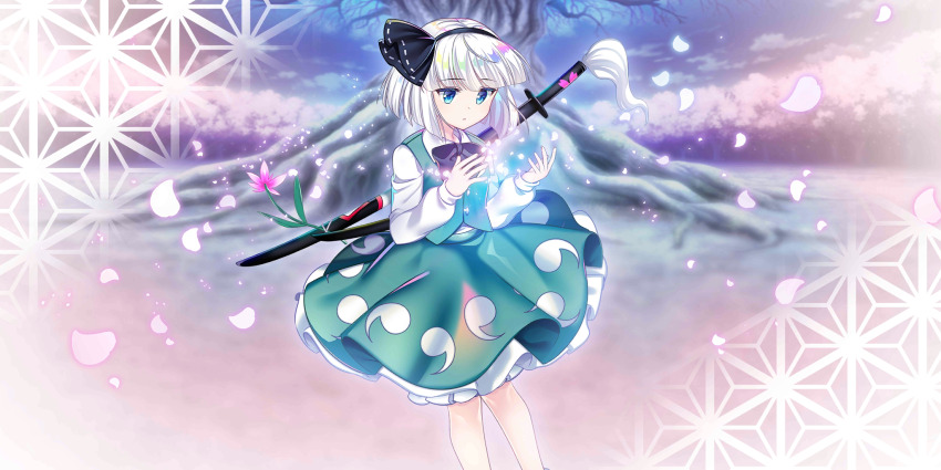 1girl black_bow black_bowtie black_hairband blue_eyes bow bowtie cherry_blossoms closed_mouth collared_shirt commentary english_commentary falling_petals flower game_cg green_skirt green_vest grey_hair hairband highres hitodama_print katana konpaku_youmu official_art petals pink_flower pink_petals rotte_(1109) saigyou_ayakashi sheath shirt skirt skirt_set solo sword third-party_source touhou touhou_lostword vest weapon white_shirt