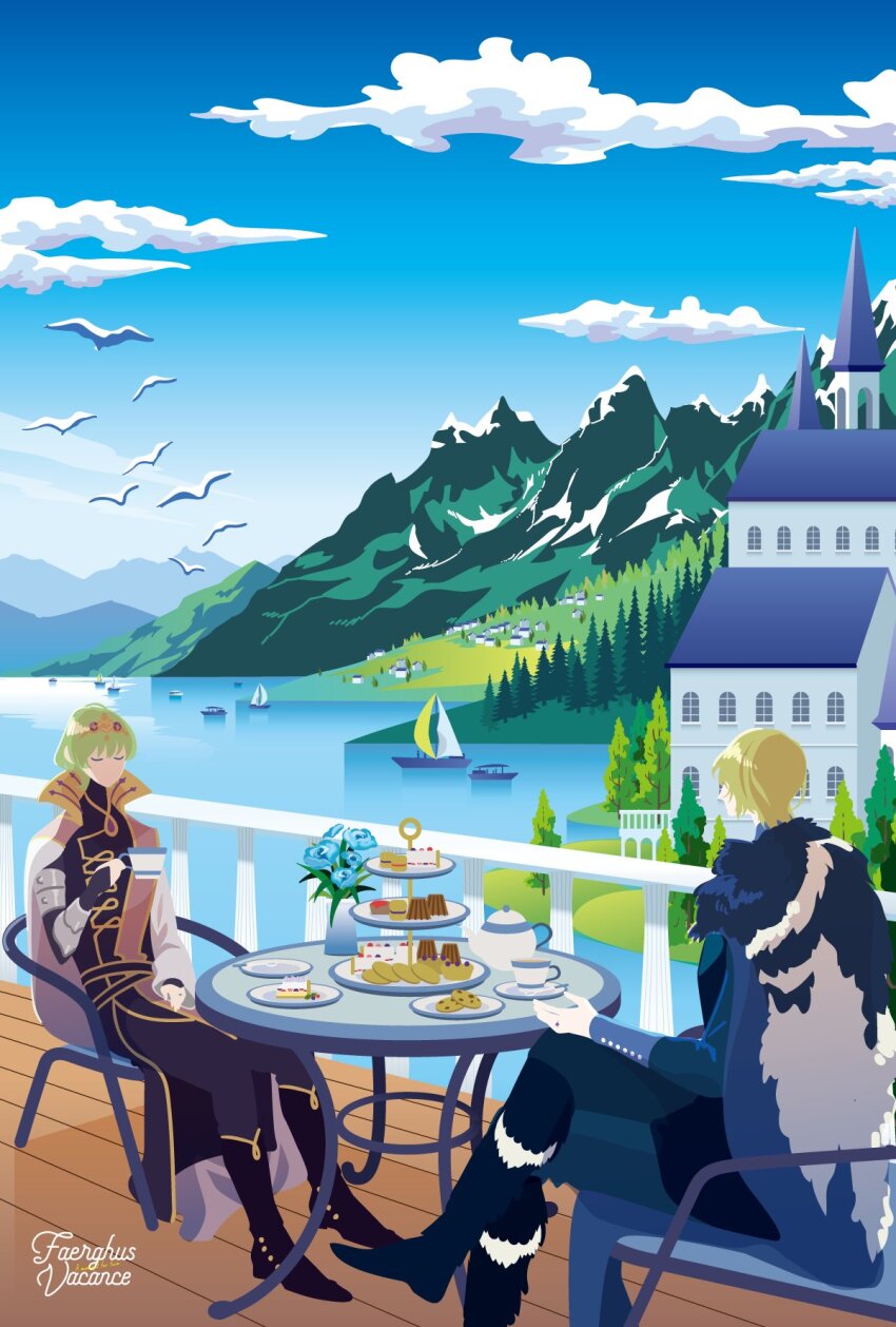 2boys animal arm_up armored_gloves asakura_toki bird black_footwear black_fur black_pants black_robe blonde_hair blue_cape boat boots building buttoned_cuffs buttons male_byleth_(enlightened)_(fire_emblem) male_byleth_(fire_emblem) cake cake_slice cape castle chocolate_chip_cookie closed_eyes cloud collared_cape commentary cookie crossed_legs cup dessert dimitri_alexandre_blaiddyd dimitri_alexandre_blaiddyd_(timeskip) fire_emblem fire_emblem:_three_houses flying food forest fur-trimmed_boots fur-trimmed_cape fur_trim gloves gold_trim grass green_hair hashtag-only_commentary highres holding holding_cup house lake male_focus mountain mountainous_horizon multiple_boys mystical_high_collar nature nintendo outdoors pants reflection reflective_water robe sailboat scenery sitting sky sleeve_cuffs slice_of_life snow table tea teacup teapot tiara tree water watercraft white_cape white_fur white_gloves wolf_cut