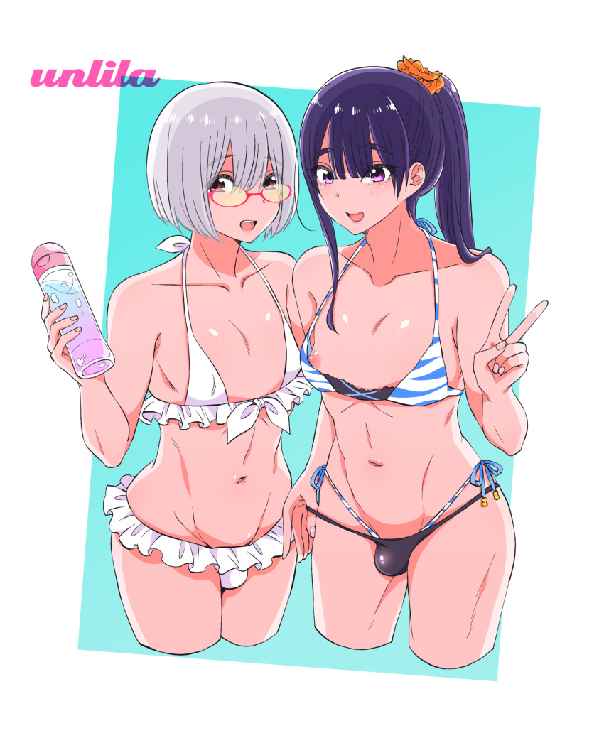 2boys bikini blue_hair bulge cosplay crossdressing frilled_bikini frills glasses gridman_universe highres long_hair male_focus multiple_boys nagano_rira nipple_slip nipples ponytail purple_eyes shinjou_akane shinjou_akane_(cosplay) short_hair silver_hair simple_background ssss.gridman swimsuit takarada_rikka takarada_rikka_(cosplay) trap v wardrobe_malfunction white_bikini