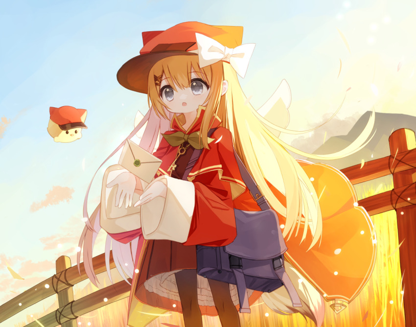 1girl animal animal_ears animal_hat bag bird black_pantyhose blonde_hair bow brown_skirt newsboy_cap commentary_request envelope fake_animal_ears feet_out_of_frame fence grey_eyes hair_between_eyes hair_ornament hairclip hat hat_bow jacket long_hair long_sleeves original pantyhose pleated_skirt red_hat red_jacket shoulder_bag skirt sleeves_past_wrists solo standing tail very_long_hair wheat_field white_bow wide_sleeves x_hair_ornament yuuhagi_(amaretto-no-natsu)
