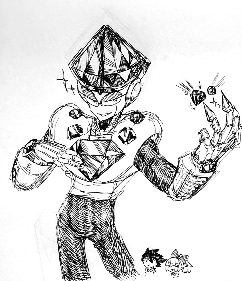 1girl 2boys ^_^ bow claws closed_eyes closed_mouth commentary cowboy_shot english_commentary gem gem_in_body gem_on_head grin hair_bow half-closed_eyes highres holding holding_gem humanoid_robot jewel_man looking_at_viewer mega_man_(character) mega_man_(classic) mega_man_(series) mega_man_9 monochrome multiple_boys no_headwear ponytail robot roll_(mega_man) short_hair simple_background smile solo_focus sparkle takenokonoko traditional_media white_background