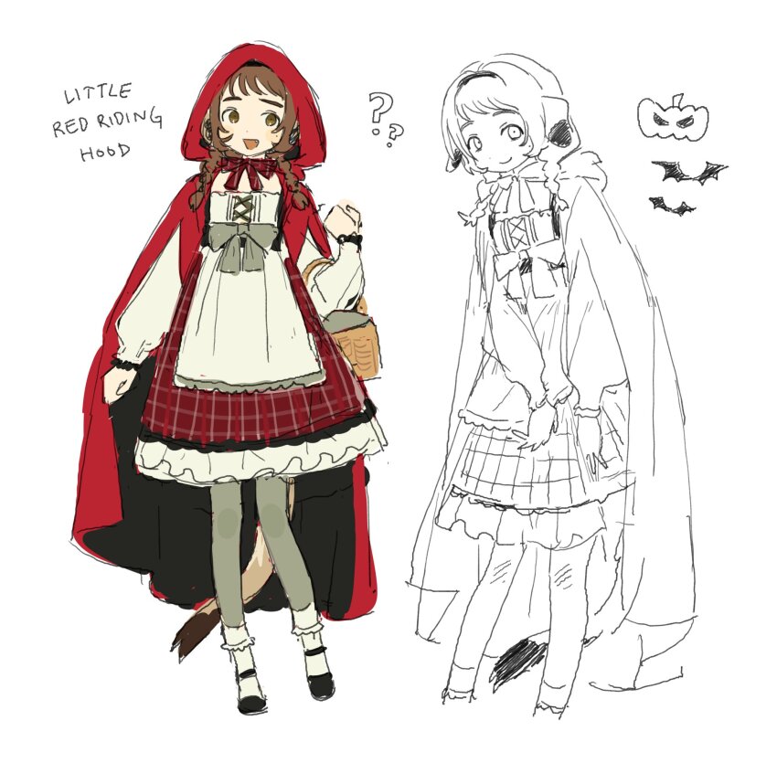 1girl ? ?? basket bat_(animal) braid brown_hair commentary english_commentary english_text happy highres holding holding_basket indie_virtual_youtuber little_red_riding_hood mota_(motaberrie) motaberrie_(vtuber) pumpkin tail twin_braids