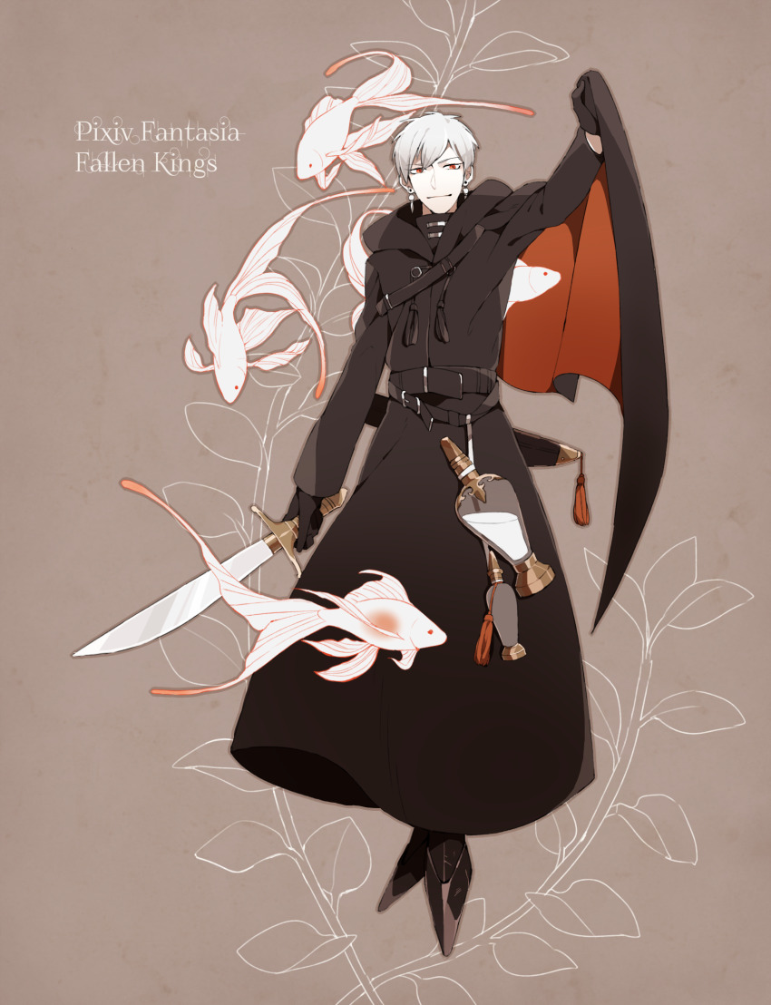 1boy belt black_cape black_coat black_footwear black_robe brown_background cape coat colored_skin copyright_name earrings fish full_body goldfish grey_hair highres holding holding_sword holding_weapon hood hood_down hooded_robe jewelry looking_at_viewer orculius_(fallen_kings) pixiv_fantasia pixiv_fantasia_fallen_kings red_cape red_eyes robe sheath short_hair simple_background solo standing sugara_(kontarou) sword two-tone_cape weapon white_skin