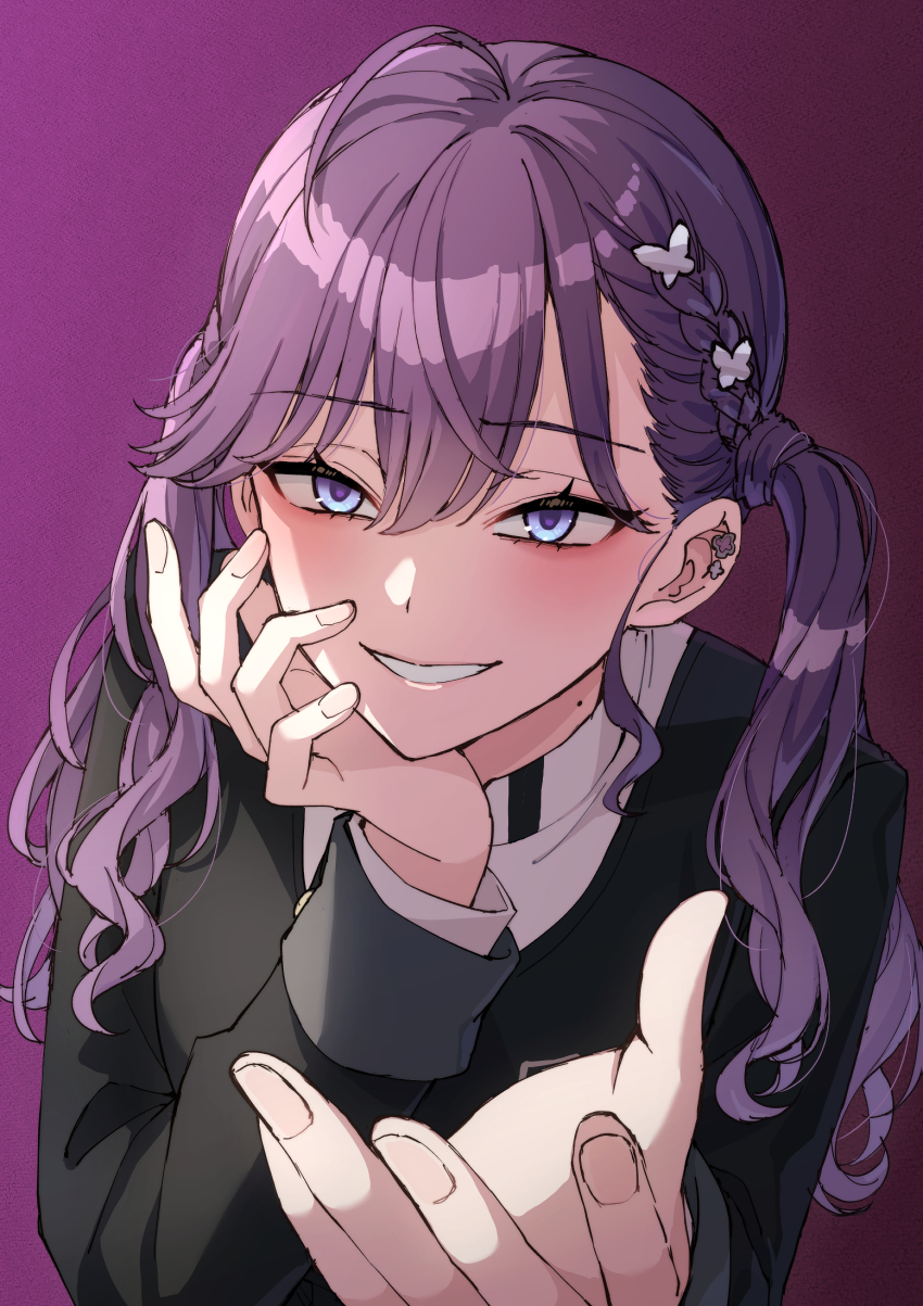 1girl ahoge arm_rest black_jacket blue_eyes blush butterfly_hair_ornament eyelashes gakuen_idolmaster gokugetsu_academy_school_uniform hair_ornament half-closed_eyes hands_up head_rest highres idolmaster jacket kaya_rinha long_hair long_sleeves looking_at_viewer purple_background purple_hair school_uniform shirt smile solo somechime_(sometime1209) twintails upper_body wavy_hair white_shirt