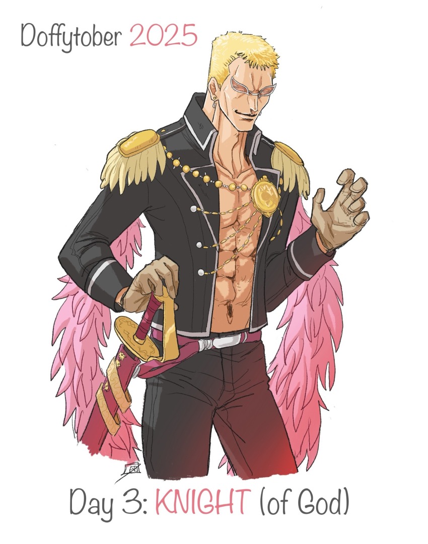 1boy abs black_jacket blonde_hair brown_gloves cowboy_shot donquixote_doflamingo earrings english_text epaulettes feather_boa gloves highres holding holding_sword holding_weapon inktober jacket jewelry male_focus muscular muscular_male one_piece open_clothes open_jacket short_hair smile sunglasses sword tuquidflamingo weapon