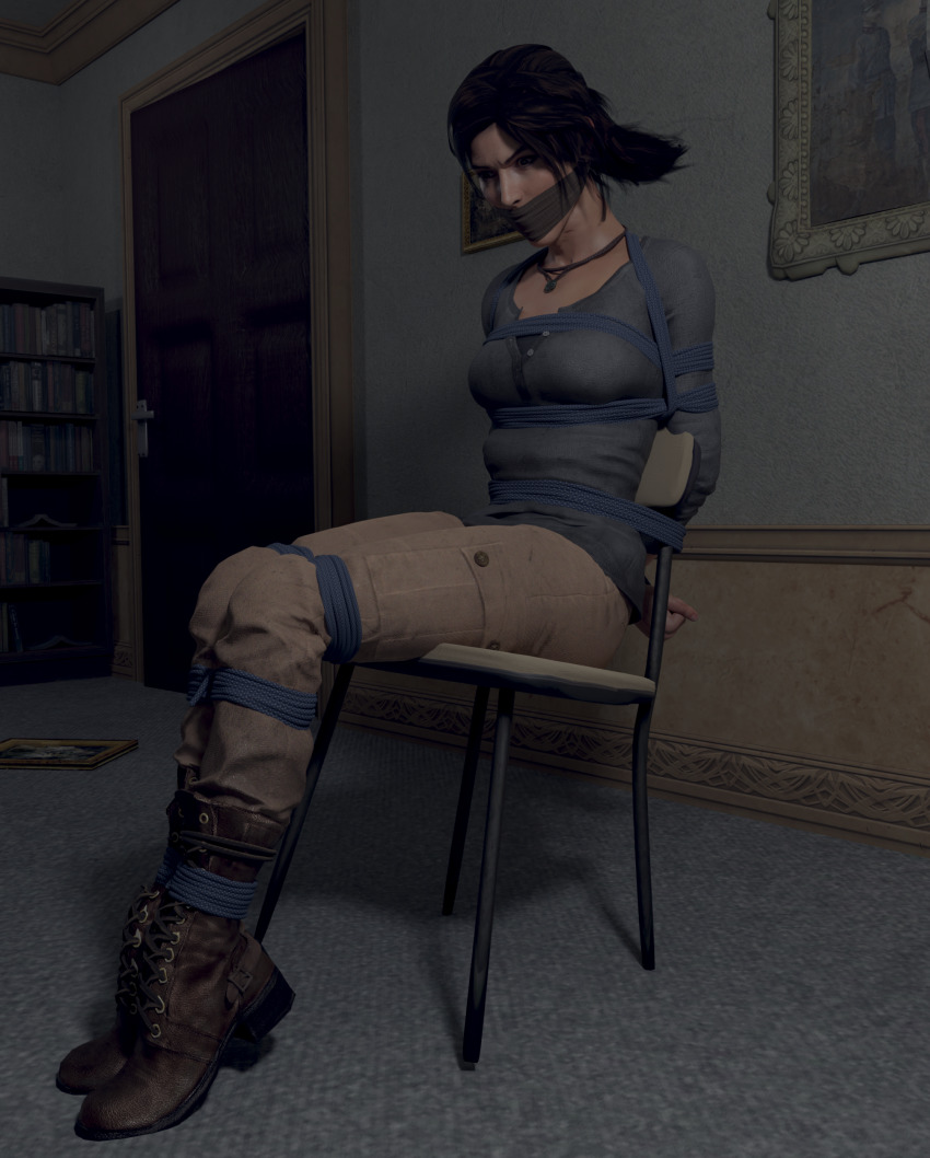 1girl 3d absurdres arms_behind_back bdsm bondage bound bound_ankles bound_legs breast_bondage breasts brown_eyes brown_hair chair cloth_gag gag gagged highres improvised_gag jewelry lara_croft necklace cloth_gag rope sitting skvrwiel tied_to_chair tomb_raider tomb_raider_(reboot)