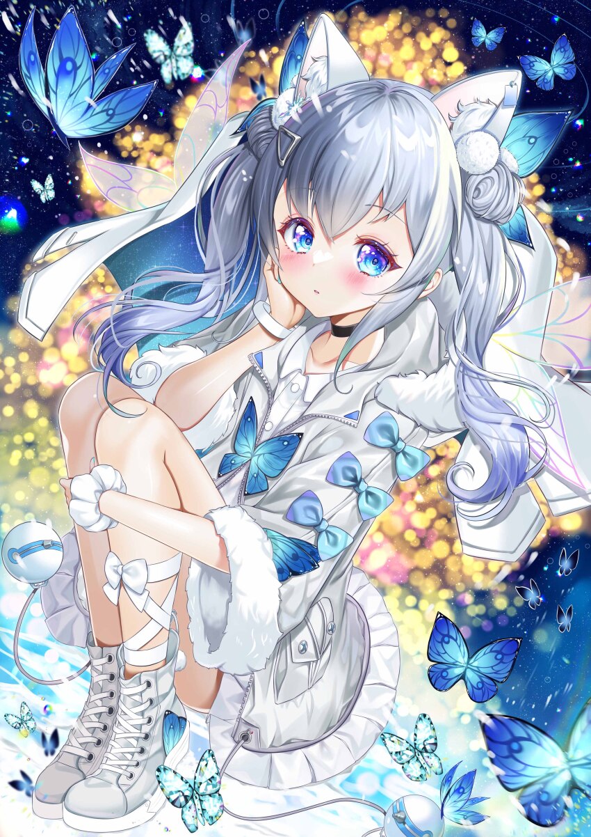 1girl absurdres animal_ear_fluff animal_ears black_choker blue_eyes blush bug butterfly butterfly_hair_ornament choker double_bun fur-trimmed_sleeves fur_trim goddess_of_victory:_nikke grey_hair hair_between_eyes hair_bun hair_ornament hand_on_own_cheek hand_on_own_face highres hood hooded_jacket insect jacket long_hair looking_at_viewer momoanne32 n102_(miracle_fairy)_(nikke) n102_(nikke) parted_lips pleated_skirt pom_pom_(clothes) ribbon scrunchie shoes short_hair short_sleeves short_twintails skirt sneakers solo twintails white_jacket white_shoes white_skirt wrist_scrunchie