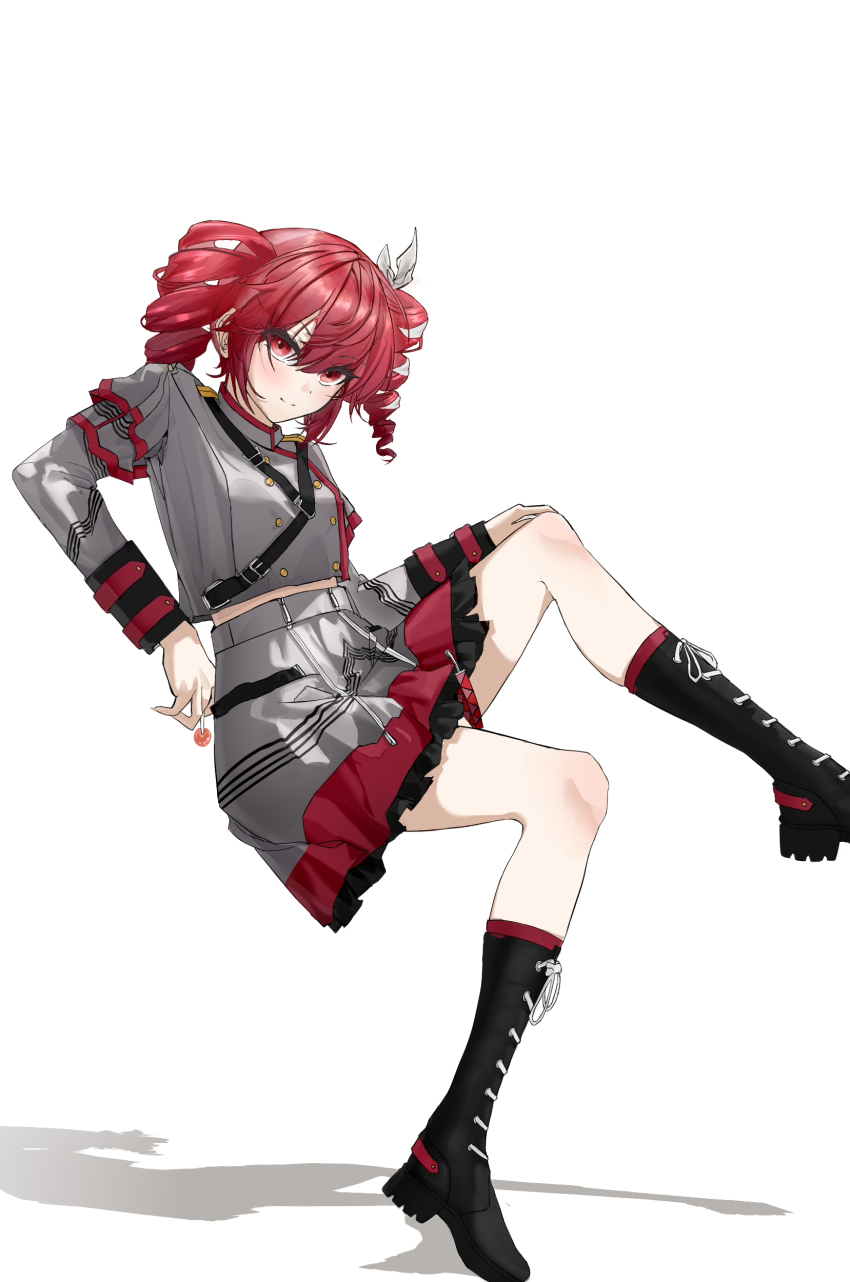 1girl absurdres belt black_belt black_boots black_sleeve_cuffs blush boots bow candy cape chinese_commentary commentary_request drill_hair food foot_out_of_frame grey_hair grey_skirt hair_between_eyes hair_bow hair_ribbon highres invisible_chair kasane_teto kasane_teto_(sv) kneehighs lace-up_boots layered_skirt layered_sleeves lollipop long_sleeves looking_at_viewer midriff_peek musical_staff musical_staff_print on_chair platform_boots red_cape red_eyes red_hair red_skirt red_trim ribbon shadow shoulder_belt shoulder_boards simple_background sitting skirt skirt_set smile socks solo striped_clothes striped_skirt striped_sleeves synthesizer_v twin_drills utau white_background white_bow white_ribbon yu_jing_qian_yin_kikno