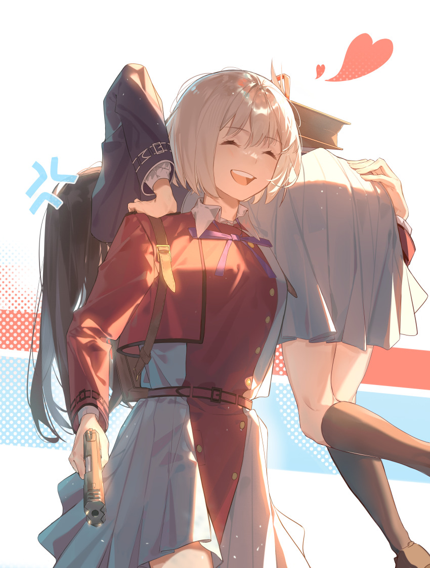2girls absurdres anger_vein bag black_hair blonde_hair carrying carrying_over_shoulder carrying_person closed_eyes commentary dkl_(dinosaurkl2) gun hand_on_another&#039;s_ass handgun heart highres inoue_takina long_hair long_sleeves lycoris_recoil lycoris_uniform m1911 multiple_girls neck_ribbon nishikigi_chisato on_shoulder open_mouth ribbon school_bag skirt socks teeth weapon