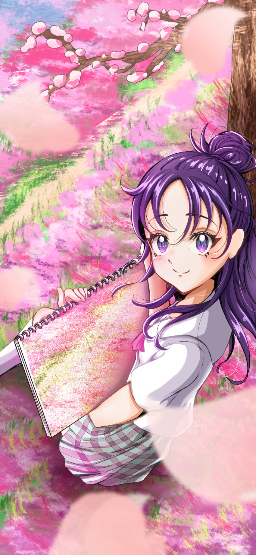 1girl absurdres blush closed_mouth futari_wa_precure_splash_star hair_bun haruto_(1214_haruto) highres holding holding_sketchbook long_hair mishou_mai multicolored_skirt neckerchief pink_neckerchief pleated_skirt precure purple_eyes purple_hair school_uniform shirt short_sleeves single_hair_bun sketchbook skirt smile socks solo tree white_shirt white_socks yuunagi_middle_school_uniform