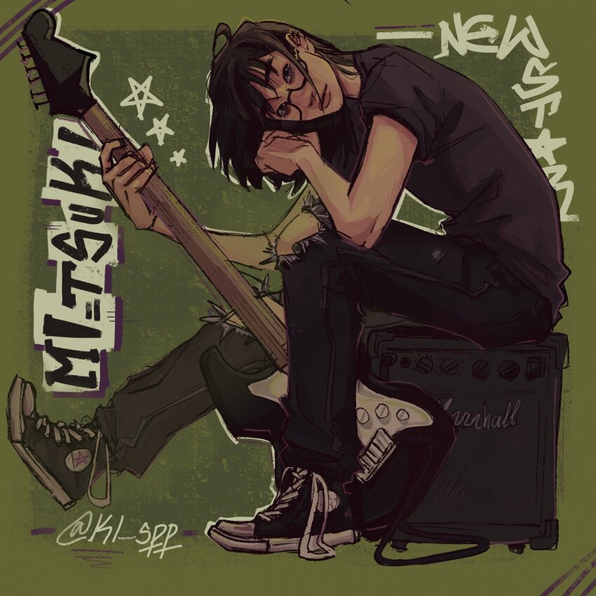 1girl amplifier androgynous audio_cable black_eyes black_hair black_shirt cable character_name commentary electric_guitar english_commentary glasses green_background guitar highres instrument kininatteru_hito_ga_otoko_ja_nakatta kl_spp koga_mitsuki leaning_forward looking_at_viewer marshall_amplification medium_hair pants shirt shoes short_sleeves sitting sneakers solo star_(symbol) tomboy torn_clothes torn_pants twitter_username