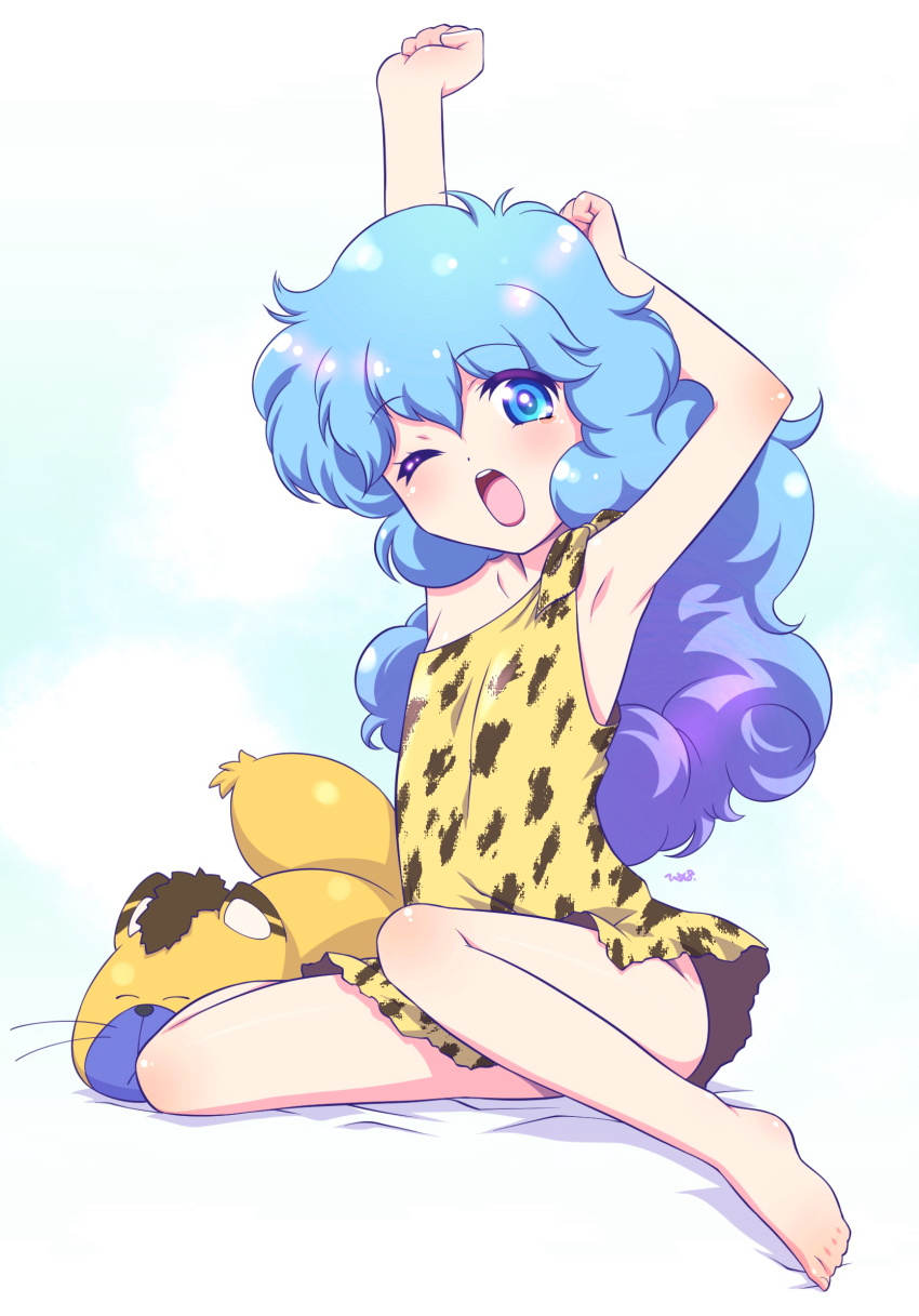 1girl animal_print armpits arms_up bare_arms bare_legs bare_shoulders barefoot blue_eyes blue_hair cat dress flat_chest highres himehachi_(hime8manga) leopard_print long_hair mahou_no_yousei_persia open_mouth persia_(mahou_no_yousei_persia) print_dress simba_(persia) single_strap single_tear sitting solo stretching teeth upper_teeth_only