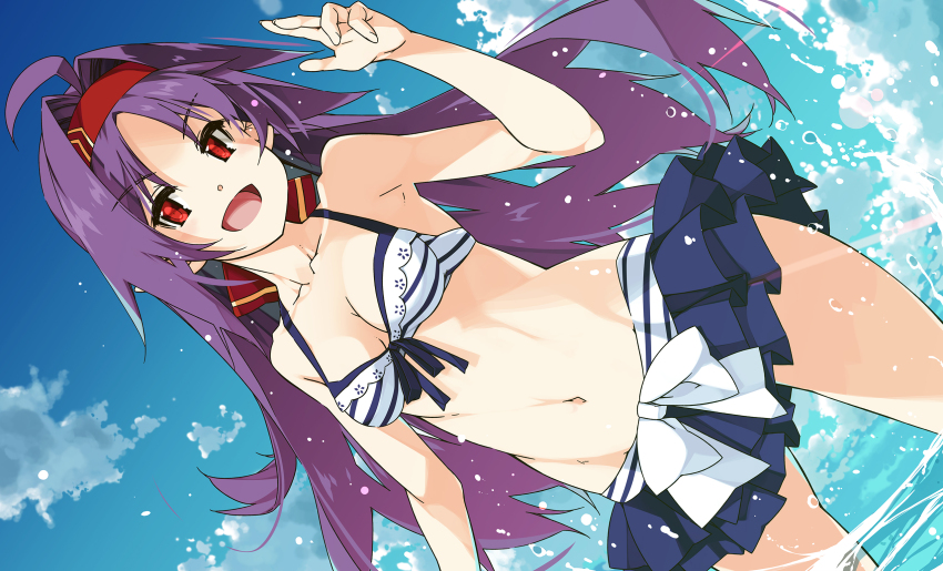 1girl :d ahoge armpits bare_arms bare_shoulders bikini blue_sky bow breasts cleavage cloud cloudy_sky collarbone day feet_out_of_frame hairband hand_up highres long_hair navel open_mouth outdoors parted_bangs pointy_ears purple_hair red_eyes red_hairband shikei sideways sky small_breasts smile solo stomach swimsuit sword_art_online thighs very_long_hair water white_bow yuuki_(sao)