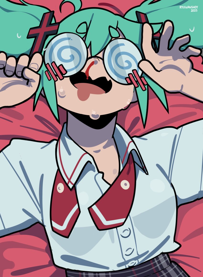 1girl absurdres blood blue_eyes blush coke-bottle_glasses confessions_of_a_rotten_girl_(vocaloid) female_focus fingernails glasses happy hatsune_miku highres lying necktie nosebleed on_back red_necktie ryu_(ryuwanshoy) school_uniform shirt smile solo upper_body vocaloid white_shirt