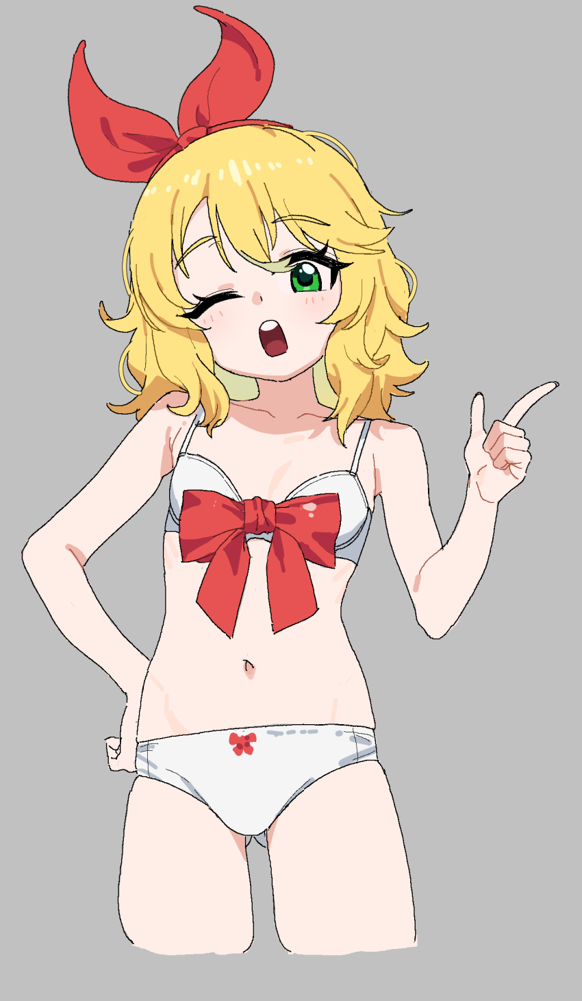 1girl acaa blonde_hair bow bra breasts green_eyes highres idolmaster idolmaster_cinderella_girls index_finger_raised looking_at_viewer navel one_eye_closed open_mouth panties red_bow sakurai_momoka short_hair sketch small_breasts solo underwear white_bra white_panties