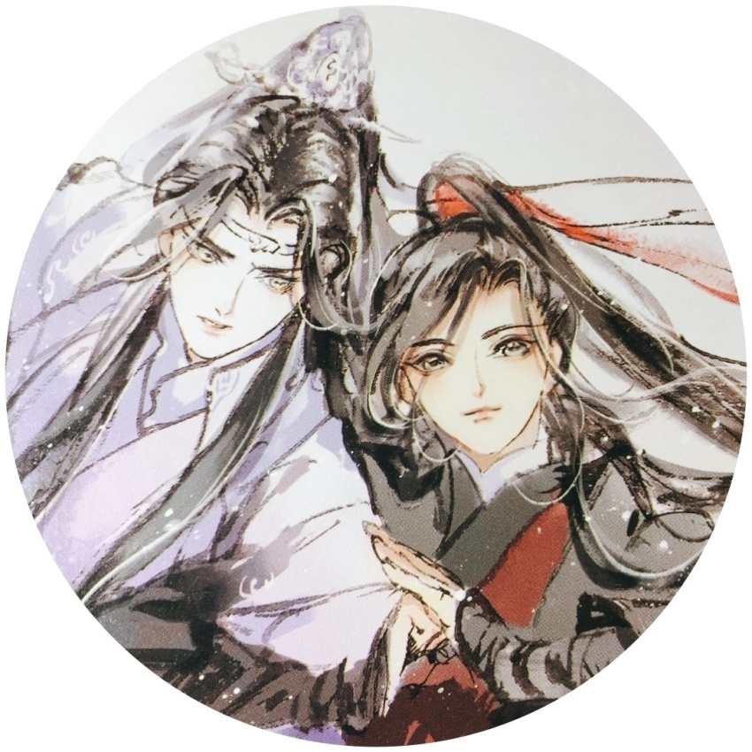 2boys arm_hug black_hair black_hanfu chinese_clothes closed_mouth grey_eyes hair_ribbon hanfu headband high_ponytail ink_wash_painting kcllzas163 lan_wangji light_particles long_hair long_sleeves looking_at_another looking_at_viewer male_focus modao_zushi multiple_boys painting_(medium) parted_lips ponytail red_ribbon ribbon robe round_image salute smile third-party_source traditional_media upper_body wei_wuxian white_hanfu xiao_guan_(headdress) yaoi