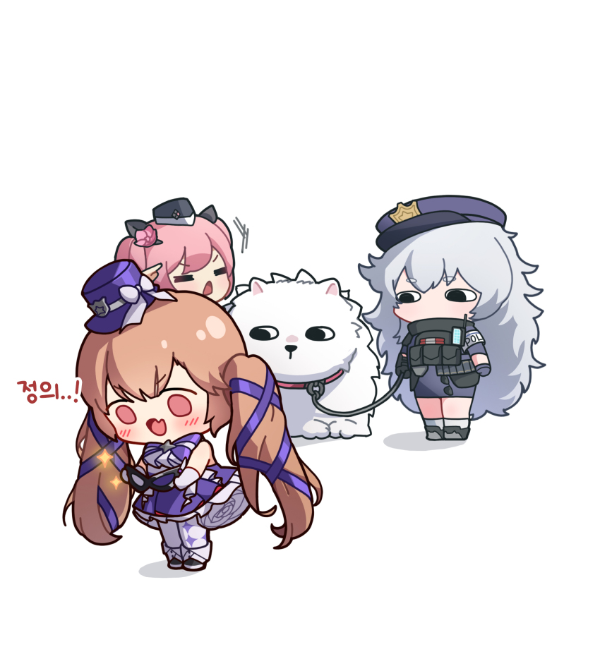 3girls a.c.p.u._(nikke) black_eyes black_footwear black_hat boots chibi closed_eyes dress elbow_gloves fang flower gloves goddess_of_victory:_nikke grey_hair hair_flower hair_ornament hat highres holding holding_mask light_brown_hair lion long_hair looking_at_another looking_at_object looking_down mask miranda_(nikke) miranda_(thief_of_justice)_(nikke) multiple_girls no_mouth no_nose open_mouth pantyhose pink_flower poli_(nikke) police police_hat police_uniform purple_dress quiry_(nikke) skin_fang skirt sleeveless sleeveless_dress sparkle_print standing sunglasses thick_eyebrows timi_(nikke) twintails unworn_eyewear uz_(uzru0428) v-shaped_eyebrows very_long_hair white_gloves