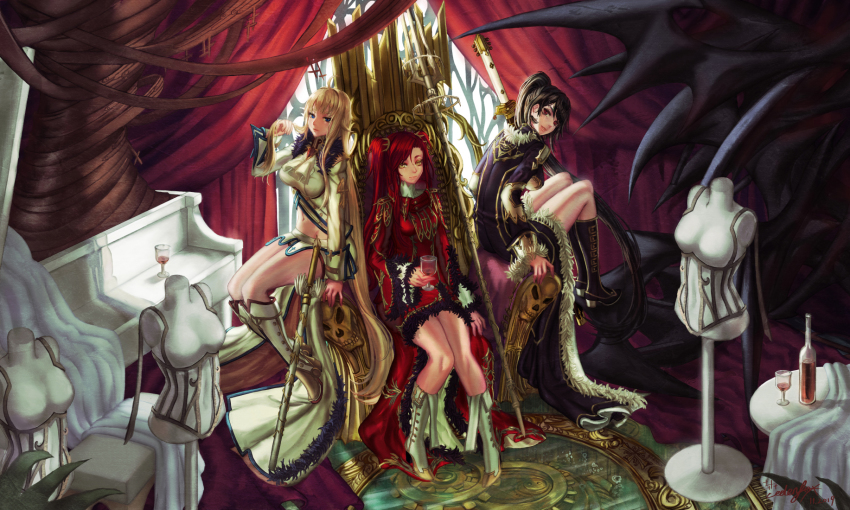 3girls ahoge black_hair blonde_hair blue_eyes boots bottle breasts closed_mouth commentary_request cup drinking_glass dummy edenfox fur_trim high_collar highres katana long_hair looking_at_viewer medium_breasts multiple_girls original parted_lips polearm queen red_eyes red_hair sitting smile sword trident twintails vampire very_long_hair weapon wine_bottle wine_glass yellow_eyes