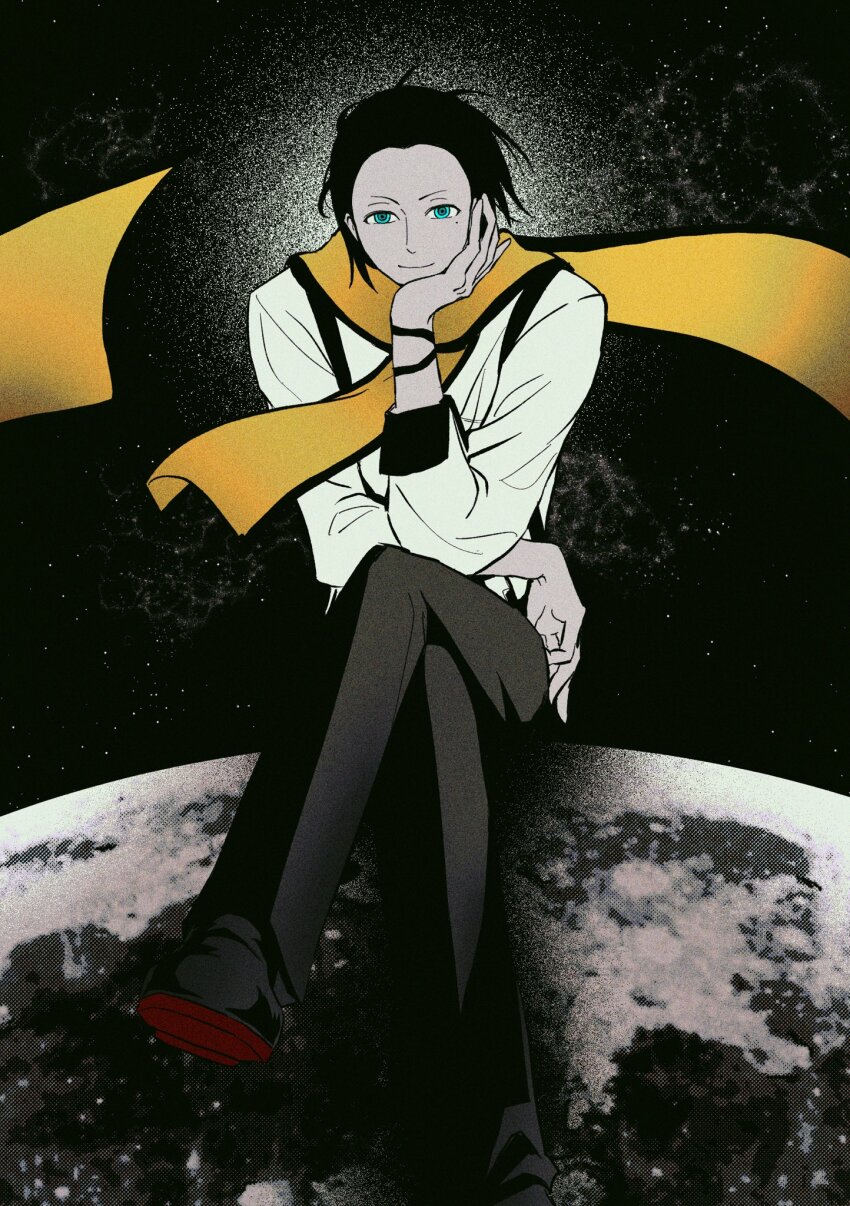 1boy black_hair black_trim blue_eyes closed_mouth commentary_request crossed_legs earth_(planet) elbow_on_knee floating_scarf hair_slicked_back hand_on_own_face highres korean_commentary long_scarf long_sleeves male_focus mochizuki_ryouji mole mole_under_eye otoko_haza pants persona persona_3 planet scarf shoes short_hair sitting sleeve_cuffs smile solo space suspenders yellow_scarf
