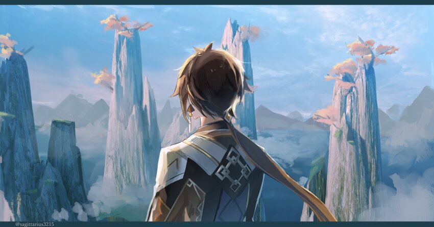 1boy antenna_hair artist_name blue_sky brown_hair brown_jacket cloud cloudy_sky commentary_request day earrings facing_away floating_hair fog from_behind genshin_impact hair_ornament highres in-universe_location jacket jewelry kukatsuma letterboxed long_hair long_sleeves low_ponytail male_focus mountain mountainous_horizon outdoors ponytail sidelocks sky solo tassel tassel_earrings tree twitter_username upper_body zhongli_(genshin_impact)