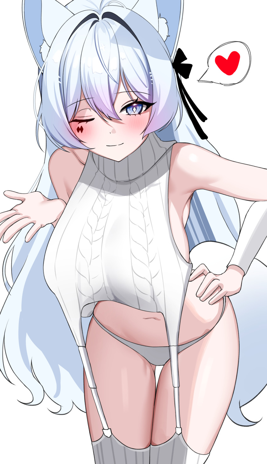 1girl absurdres animal_ears arm_warmers armpits bare_shoulders blue_eyes breasts cable_knit closed_mouth commission cowboy_shot diamond-shaped_pupils diamond_(shape) facial_mark fox_ears fox_girl fox_tail garter_straps hair_ribbon hand_on_own_hip hand_up heart highres large_breasts leaning_forward long_hair looking_at_viewer meme_attire multicolored_hair navel one_eye_closed original panties ribbon smile solo spoken_heart stomach streaked_hair suisen_(suisenhwa) symbol-shaped_pupils tail thigh_gap thighhighs thighs underwear very_long_hair virgin_destroyer_sweater white_panties white_thighhighs