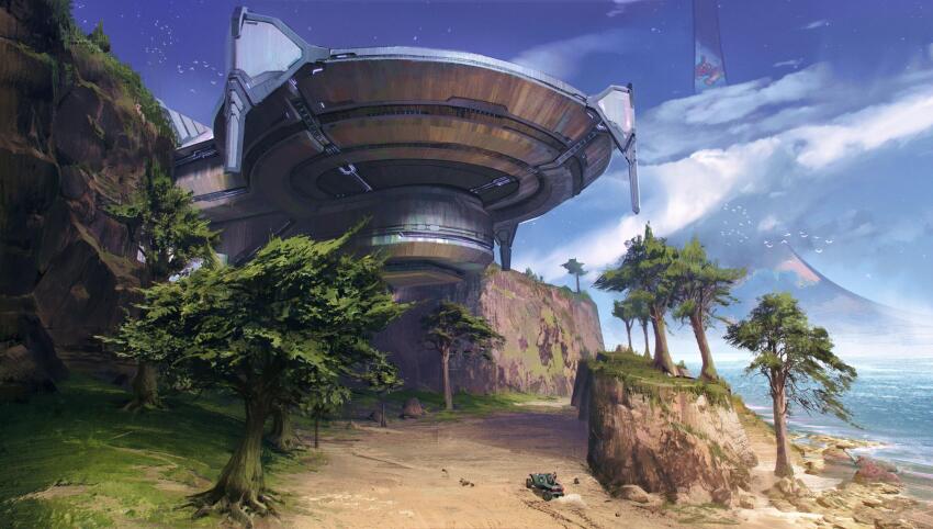 absurdres bird cloud commentary english_commentary halo:_combat_evolved halo_(series) halo_installation highres marine_(halo) no_humans ocean scenery shadow sky tdspiral tree warthog_(halo)