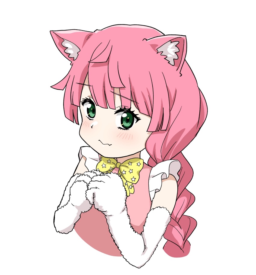 1girl 3: animal_ears blush bow bowtie braid cat_ears cat_girl commentary_request cropped_torso dress elbow_gloves fang fang_out frilled_dress frills fur_gloves gloves green_eyes hangyaku_no_nijigasaki hanpen_(love_live!) highres kishimen_hair long_hair looking_at_viewer love_live! love_live!_nijigasaki_high_school_idol_club ohrinas personification pink_dress pink_hair print_bow print_bowtie single_braid skin_fang sleeveless sleeveless_dress solo star_(symbol) star_print white_gloves yellow_bow yellow_bowtie