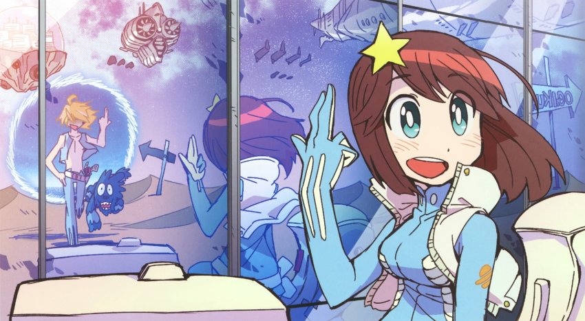 1boy 1girl alpha_omega_nova alternate_hairstyle belt blonde_hair blue_eyes blush bodysuit brown_hair dog hair_ornament highres imaishi_hiroyuki luluco official_art open_mouth reflection sky spacecraft star_(sky) star_(symbol) star_hair_ornament starry_sky uchuu_patrol_luluco vest weapon