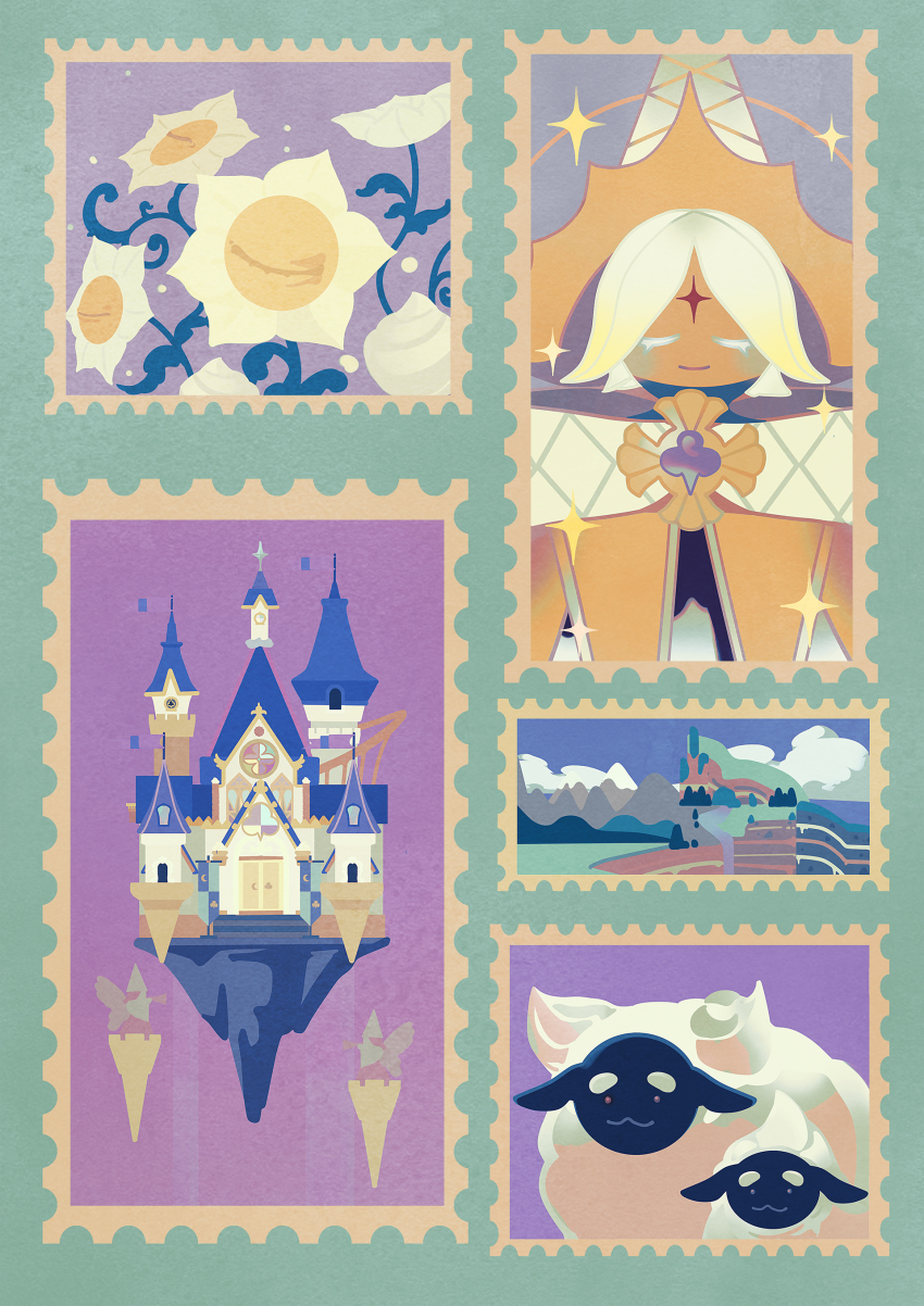1boy absurdres bandal castle closed_mouth cookie_run facial_mark flower forehead_mark hat highres male_focus outdoors postage_stamp pure_vanilla_cookie sheep smile solo sparkle white_hair wizard_hat