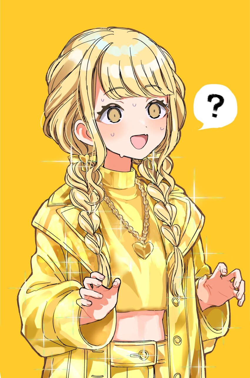 1girl ? blonde_hair blush braid chain chain_necklace commentary cropped_shirt fang fujita_kotone gakuen_idolmaster glint gold_jacket gold_shirt hair_ribbon heart heart_necklace highres idolmaster jewelry kanipoposu long_hair looking_ahead midriff necklace nervous_smile nervous_sweating ribbon skin_fang smile solo spoken_question_mark sweat symbol-only_commentary twin_braids yellow_theme