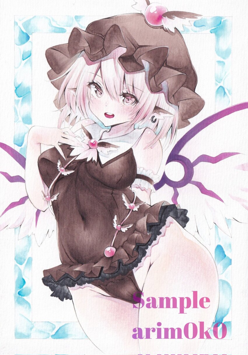 1girl animal_ear_piercing animal_ears arim0k0 arm_behind_back artist_name bird_ears bird_wings blush breasts brown_eyes brown_hat brown_one-piece_swimsuit commentary covered_navel cowboy_shot earrings groin hat highres jewelry looking_at_viewer marker_(medium) mob_cap mystia_lorelei one-piece_swimsuit open_mouth sample_watermark single_earring solo swimsuit touhou traditional_media watermark white_wings winged_hat wings