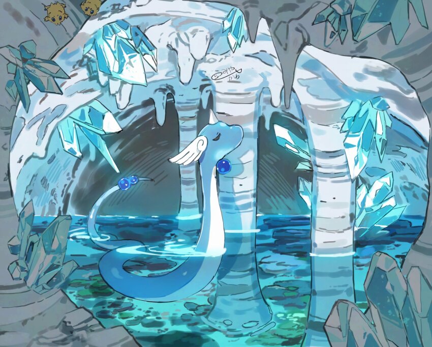 aisutabetao animal_focus blue_skin cave_interior closed_eyes colored_skin crystal dragonair gen_1_pokemon head_wings highres horns nintendo no_humans pokemon pokemon_(creature) signature single_horn snake solo stalactite stalagmite water wings