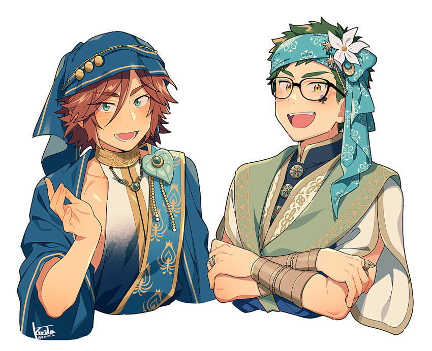 2boys arabian_clothes blue_veil blush cropped_torso crossed_arms crossover ensemble_stars! fingernails flower green_eyes green_hair kiri_futoshi looking_at_viewer male_focus mikejima_madara multiple_boys open_mouth pectorals sidepec trey_clover twisted_wonderland veil white_flower yellow_eyes