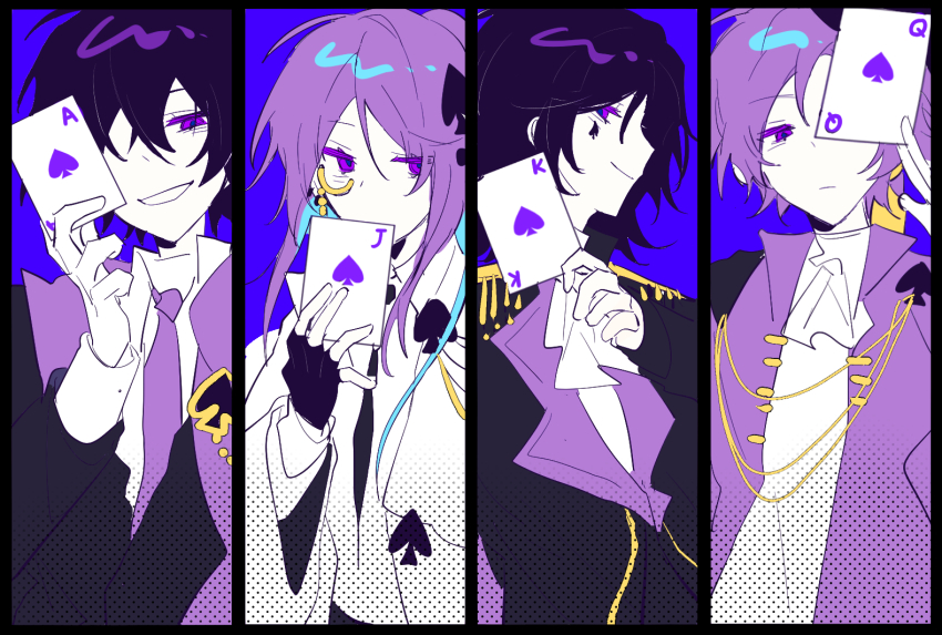 16personalities 2boys 2girls ace_(playing_card) ace_of_spades architect_(16personalities) ascot black_jacket card closed_mouth coat collared_shirt commander_(16personalities) debater_(16personalities) hair_ornament jack_(playing_card) jack_of_spades jacket king_(playing_card) king_of_spades logician_(16personalities) looking_at_viewer monocle mouyimouyi multiple_boys multiple_girls necktie open_mouth playing_card ponytail purple_background purple_coat purple_eyes purple_hair purple_necktie queen_(playing_card) queen_of_spades_(playing_card) shirt sidelocks simple_background smile spade_(shape) spade_hair_ornament spade_tattoo tattoo white_ascot white_shirt
