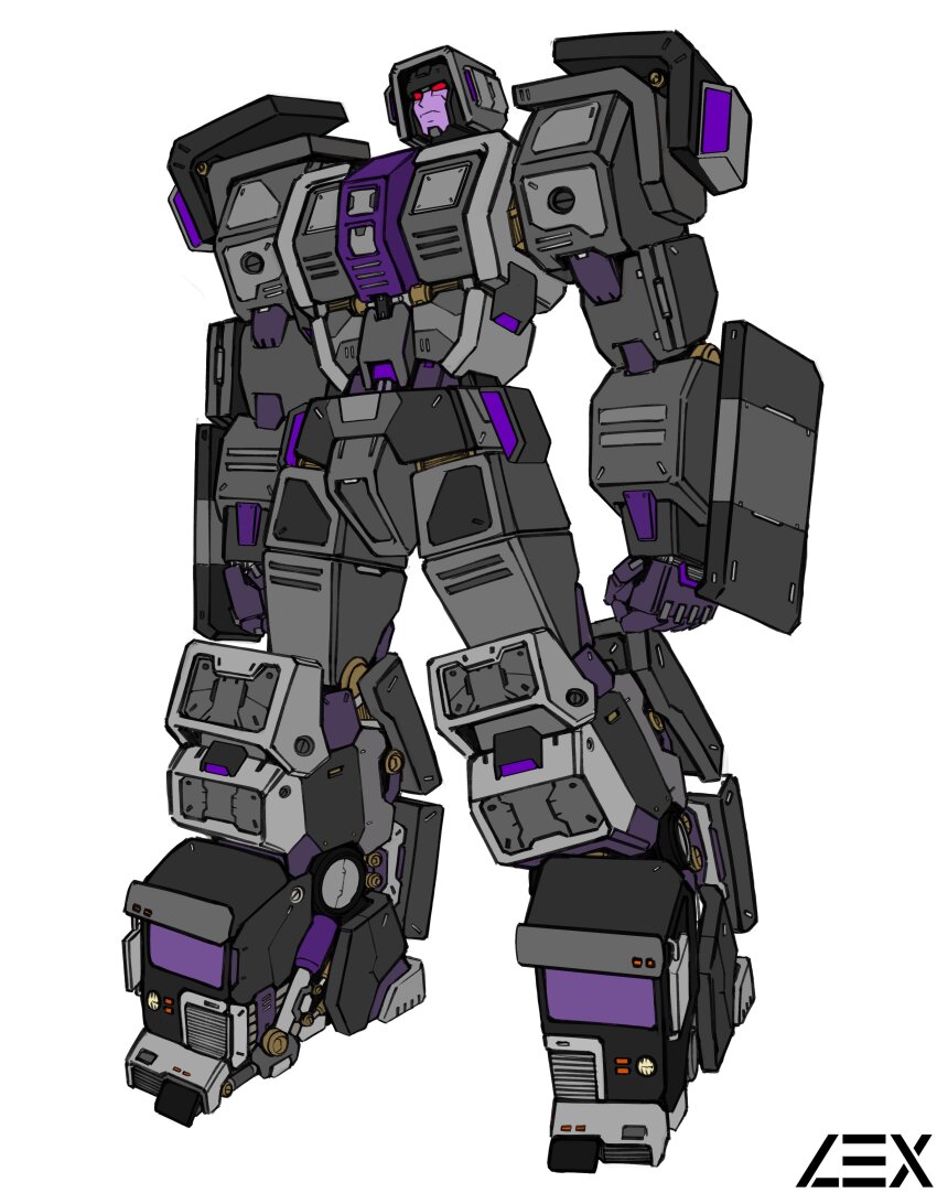 absurdres artist_name clenched_hands commentary commission decepticon english_commentary frown full_body highres lextodrawstuff looking_up mecha motormaster red_eyes robot second-party_source transformers white_background