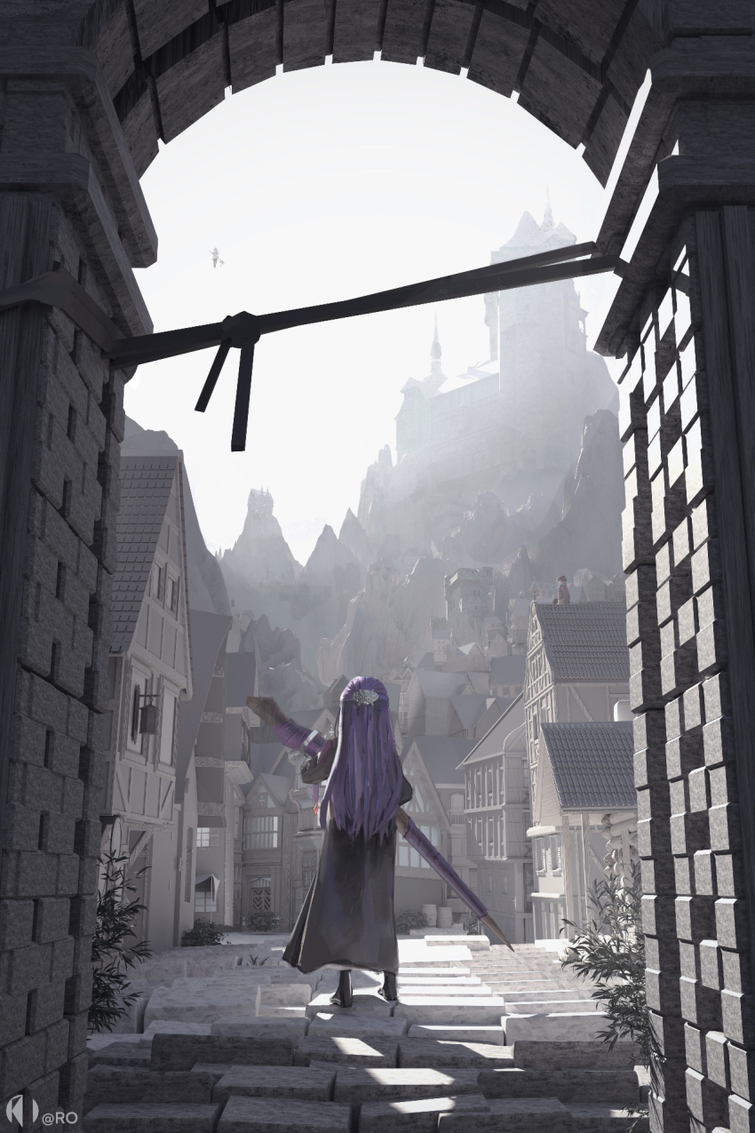 1boy 2girls 3d arch artist_name black_cloak black_shoes building castle city cloak commentary_request day fern_(sousou_no_frieren) frieren from_behind hair_ornament half_updo highres hill holding holding_staff long_hair mage_staff multiple_girls outdoors purple_hair ro_illu road shade shoes solo_focus sousou_no_frieren staff standing stark_(sousou_no_frieren) straight_hair street