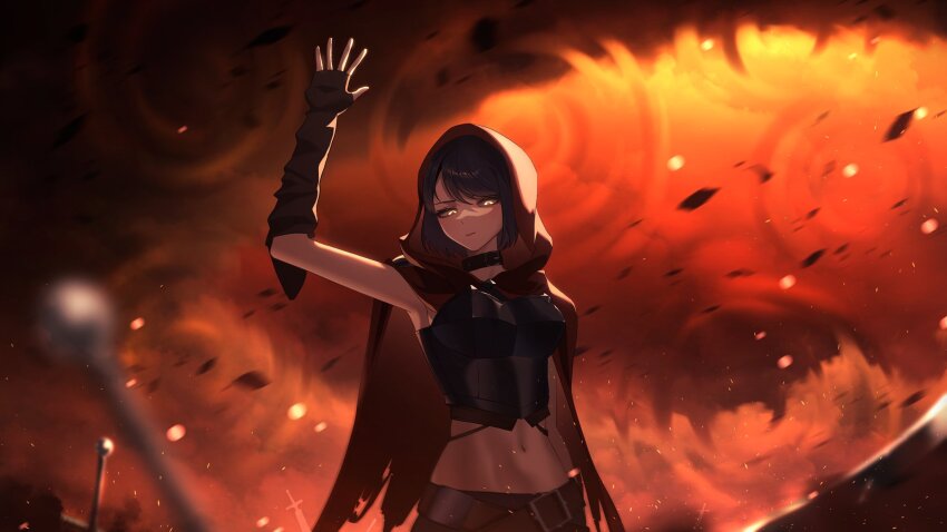 1girl archer_(fate) arm_up breasts emiya_shirou fate/stay_night fate_(series) field_of_blades gears highres holding holding_sword holding_weapon hood hooded_jacket invisible_air_(fate) jacket multiple_swords open_clothes original planted planted_sword planted_weapon sword too_many_weapons unlimited_blade_works_(reality_marble) weapon yellow_eyes
