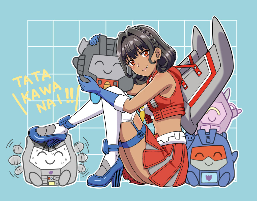 1girl bare_shoulders black_hair blue_gloves character_doll crop_top cropped_shirt cropped_vest dark-skinned_female dark_skin doll fang from_side genderswap genderswap_(mtf) gloves hair_behind_ear hair_intakes high_heels highres holding humanization komagoma kotobukiya_bishoujo looking_at_viewer megatron midriff necktie red_eyes red_vest shockwave_(transformers) short_hair sitting skirt smile soundwave_(transformers) starscream starscream_(kotobukiya_bishoujo) thighhighs transformers vest wings yellow_necktie