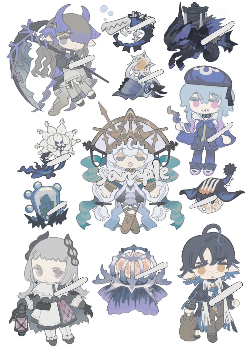 2boys 3girls ahoge apron argyle arknights asymmetrical_bangs bag bare_shoulders black_choker black_coat black_dress black_footwear black_headwear black_jacket black_pantyhose black_shirt black_skirt blue_cloak blue_hair blue_headwear blue_neckerchief blue_necktie blue_pantyhose boots brown_bag brown_footwear brown_hair brown_pants bubble capelet character_request chewing chibi choker cloak closed_mouth clothing_cutout coat coattails colored_eyelashes colored_tips commentary crown crumbs denim dress ear_piercing eating english_commentary eyelashes food freckles fringe_trim frown gold_headwear gradient_cloak grey_eyes grey_hair grey_leg_warmers hagoromo hair_over_one_eye highres holding holding_bag holding_food holding_lantern holding_scythe horns horse jacket jeans kissingbrig knee_boots lace-trimmed_boots lace-trimmed_sleeves lace_trim lantern leg_warmers leglet long_hair long_sleeves low_twintails miniskirt multicolored_hair multiple_boys multiple_girls music neckerchief necktie open_clothes open_coat open_mouth orange_eyes pants pantyhose piercing pink_eyes pink_hair pink_pupils pointy_ears puffy_long_sleeves puffy_sleeves purple_hair purple_horns ribbon-trimmed_cloak ribbon_trim sample_watermark scythe shawl shirt shoes short_hair_with_long_locks shoulder_cutout simple_background singing skirt sneakers twintails two-tone_cloak two-tone_headwear two-tone_pantyhose v-shaped_eyebrows very_long_hair waist_apron watermark wavy_hair white_apron white_background white_capelet white_cloak white_dress white_hair white_pantyhose white_skirt