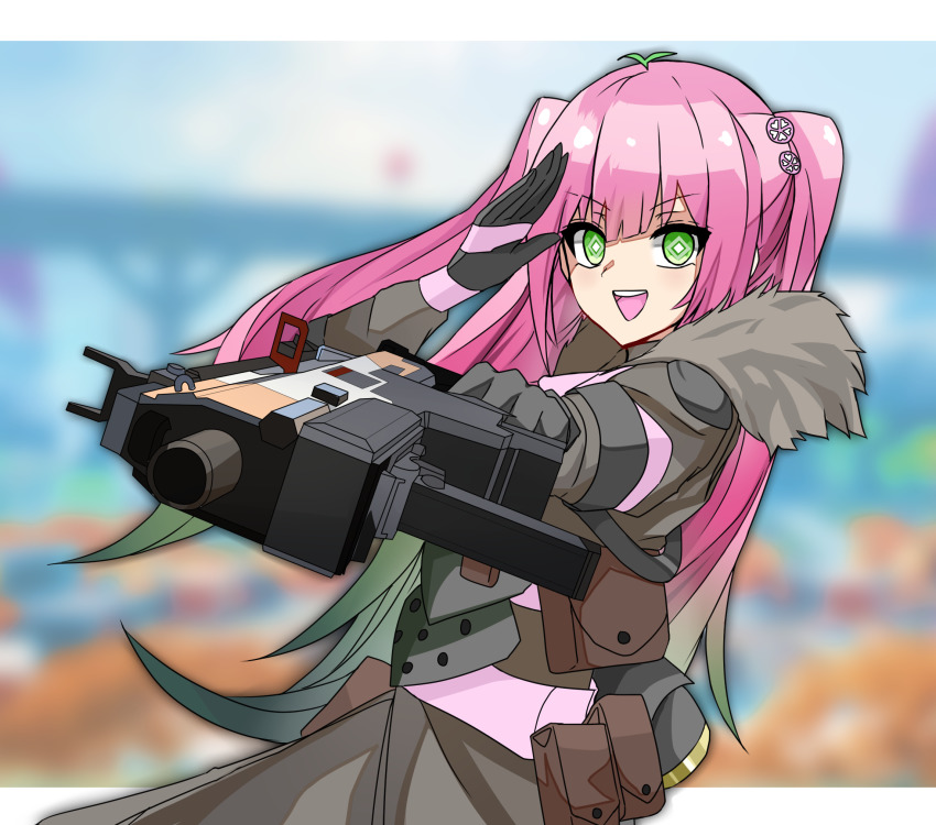 1girl apex_legends black_gloves bloodhound_(apex_legends) bloodhound_(apex_legends)_(cosplay) blurry blurry_background bright_pupils brown_jacket c.a.r._smg cherry_(vtuber) commission cosplay fur_trim gloves green_eyes gun hela_png highres holding holding_gun holding_weapon indie_virtual_youtuber jacket olympus_(apex_legends) pink_hair salute skeb_commission solo twintails v-shaped_eyebrows virtual_youtuber weapon white_pupils