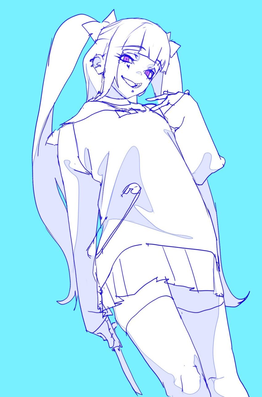 1girl adc_mt amemiya_darumi blue_background bow ear_piercing face_piercing hands_up highres holding holding_knife knife lip_piercing long_sleeves looking_at_viewer piercing pink_eyes pleated_skirt safety_pin skirt solo the_hundred_line_-last_defense_academy- thighihghs twintails