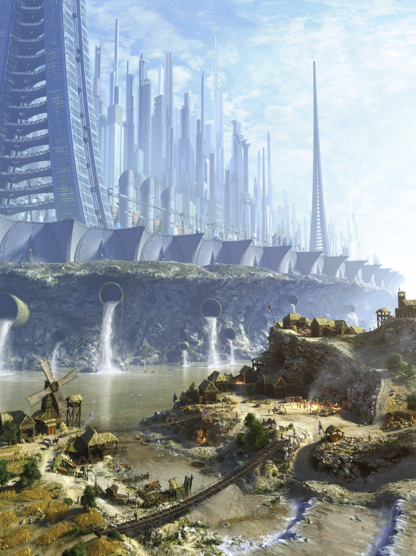 3d absurdres blue_sky boat bridge building cliff cloud elevator fire flag flying_car grass highres horse lake original outdoors pollution radoxist river scenery science_fiction sheep sky skyscraper slums smoke table train tree village wall watercraft windmill