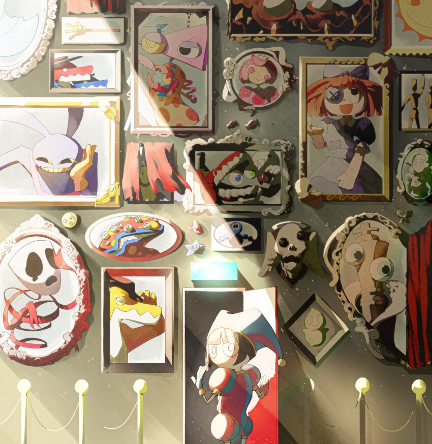 :d animal_ears asymmetrical_eyes asymmetrical_gloves blue_eyes blue_gloves bow brown_hair bubble_(the_amazing_digital_circus) button_eyes buttons caine_(the_amazing_digital_circus) chess_piece colored_sclera colored_teeth comedy_and_tragedy_masks crocodile_boy dentures detached_eyes door dress everyone fur-trimmed_robe fur_trim gangle_(the_amazing_digital_circus) ghost gloink_(the_amazing_digital_circus) gloves grin gummigoo hair_bow hat hat_bell heterochromia highres jax_(the_amazing_digital_circus) jester jester_cap jester_costume kaufmo_(the_amazing_digital_circus) king_(chess) kinger_(the_amazing_digital_circus) mannequin_(the_amazing_digital_circus) mask mismatched_eyes mismatched_gloves monster moon_(the_amazing_digital_circus) multicolored_eyes multicolored_hat multiple_boys multiple_girls open_mouth orbsman overalls pink_dress pink_eyes pink_hair pink_overalls pomni_(the_amazing_digital_circus) portrait_(object) princess_loolilalu_(the_amazing_digital_circus) puffy_short_sleeves puffy_sleeves purple_bow purple_dress rabbit_boy rabbit_ears ragatha_(the_amazing_digital_circus) red_gloves red_hair red_hat red_ribbon ribbon right_gla_s robe sharp_teeth short_hair short_sleeves smile striped_clothes striped_headwear sun_(the_amazing_digital_circus) sunlight teeth the_amazing_digital_circus triangle_nose two-tone_eyes vertical-striped_bodysuit vertical-striped_clothes vertical-striped_headwear white_gloves yellow_gloves yellow_sclera yellow_teeth zooble_(the_amazing_digital_circus)