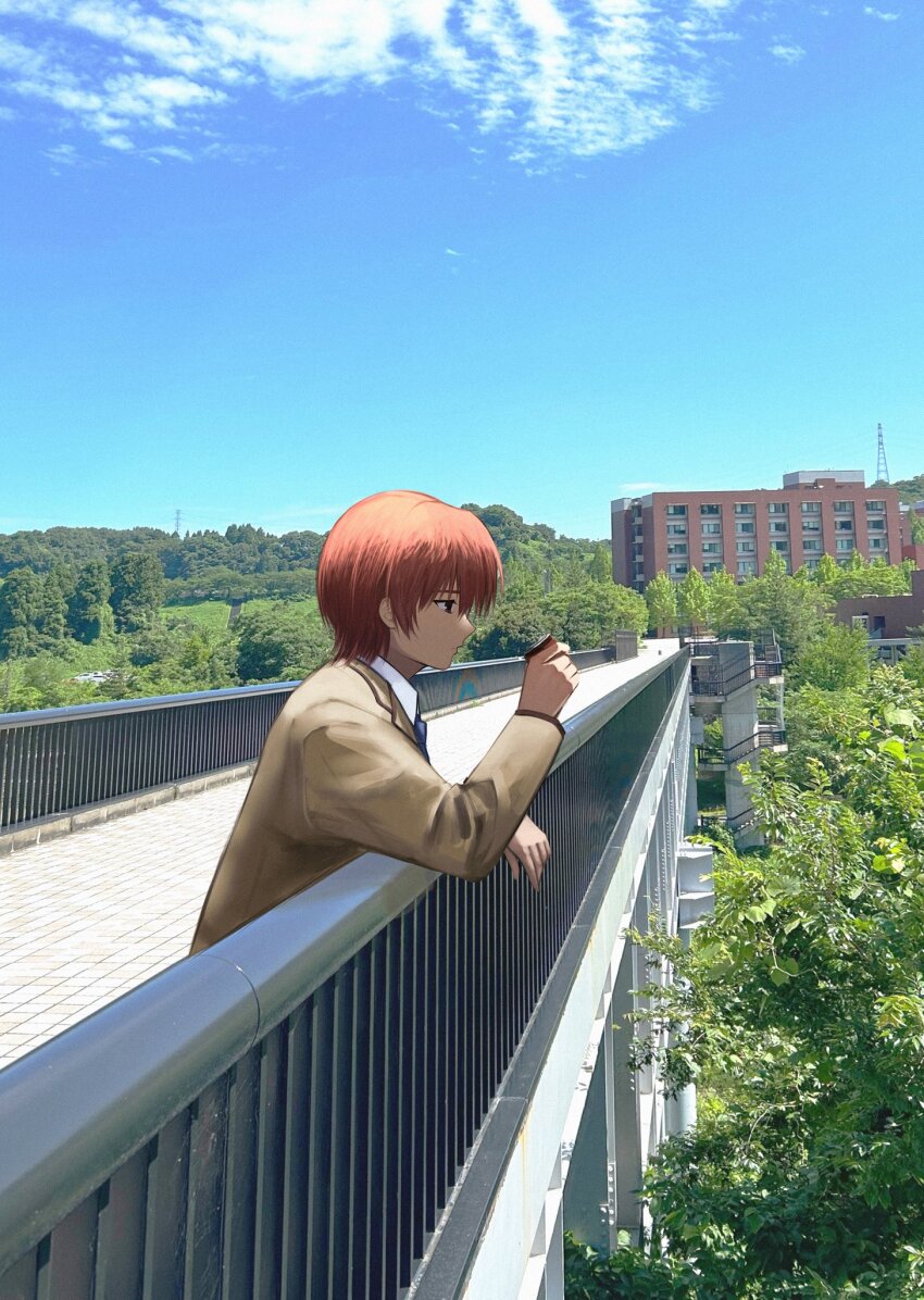 1boy angel_beats! blue_necktie blue_sky bridge brown_eyes can closed_mouth collared_shirt day expressionless from_side hair_between_eyes hand_up highres holding holding_can jacket long_sleeves male_focus necktie nmnm_nynyn orange_hair otonashi_yuzuru outdoors perspective photo_background profile shinda_sekai_sensen_uniform shirt short_hair sky solo tsurime upper_body white_shirt yellow_jacket
