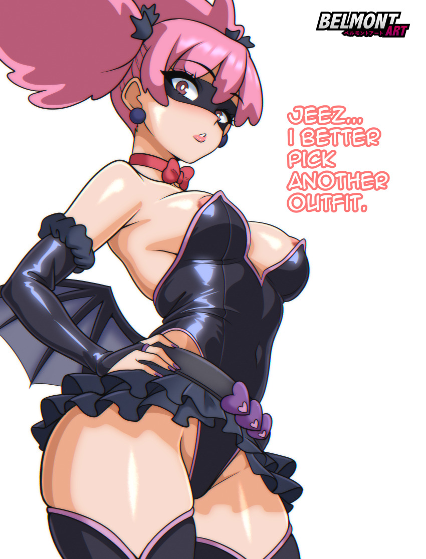 1girl absurdres areola_slip artist_logo belmont_art black_gloves black_leotard black_skirt black_thighhighs black_wings breasts bridal_gauntlets commentary cowboy_shot earrings elbow_gloves english_commentary english_text eye_mask gloves hair_tie hand_on_own_hip haneyama_kazuho highleg highleg_leotard highres jewelry leotard logo looking_at_viewer low_wings medium_breasts medium_hair microskirt parted_lips pink_eyes pink_hair simple_background skirt solo standing strapless strapless_leotard thighhighs twintails vigilante_-boku_no_hero_academia:_illegals- white_background wings