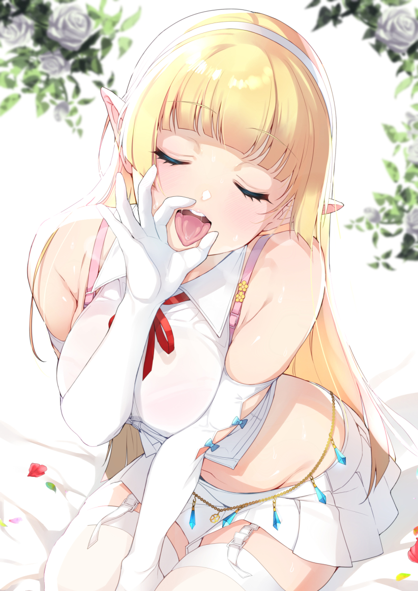 1girl :d bad_id bad_twitter_id bare_shoulders blonde_hair blurry blush bra_strap breasts button_gap closed_eyes collared_shirt commission crop_top depth_of_field elbow_gloves elf elf_no_radral facing_viewer fellatio_gesture garter_straps gloves groin hairband heavy_breathing highres inari_(inariya) long_hair medium_breasts midriff miniskirt navel neck_ribbon open_mouth original pleated_skirt pointy_ears ribbon saliva sexually_suggestive shirt sitting skeb_commission skirt sleeveless sleeveless_shirt smile solo thighhighs tongue tongue_out v_arms white_gloves white_shirt white_skirt white_thighhighs zettai_ryouiki
