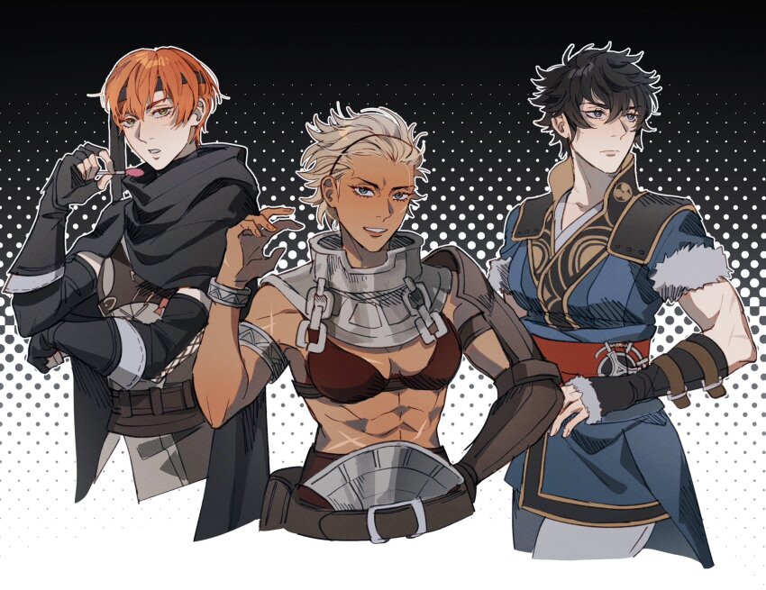 3girls abs black_gloves black_hair black_headband blonde_hair candy closed_mouth commentary dark-skinned_female dark_skin english_commentary fingerless_gloves fire_emblem fire_emblem_awakening food gaius_(fire_emblem) genderswap genderswap_(mtf) gloves grin headband highres holding holding_candy holding_food holding_lollipop lollipop lon&#039;qu_(fire_emblem) looking_at_viewer multiple_girls muscular muscular_female nintendo orange_hair seirorath short_hair smile vaike_(fire_emblem)