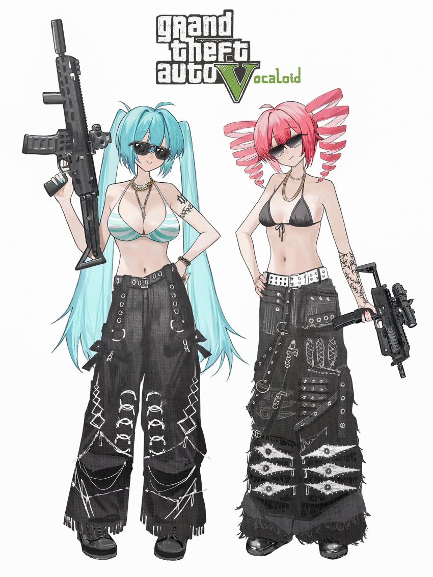 2girls alternate_costume aqua_hair assault_rifle bikini black_bikini black_pants black_shoes breasts closed_mouth drill_hair full_body grand_theft_auto gun hatsune_miku highres holding holding_gun holding_weapon jewelry kasane_teto large_breasts lewenxijian long_hair medium_breasts multiple_girls navel necklace pants pink_hair rifle shoes simple_background smile standing striped_bikini striped_clothes sunglasses swimsuit twin_drills utau very_long_hair vocaloid weapon white_background