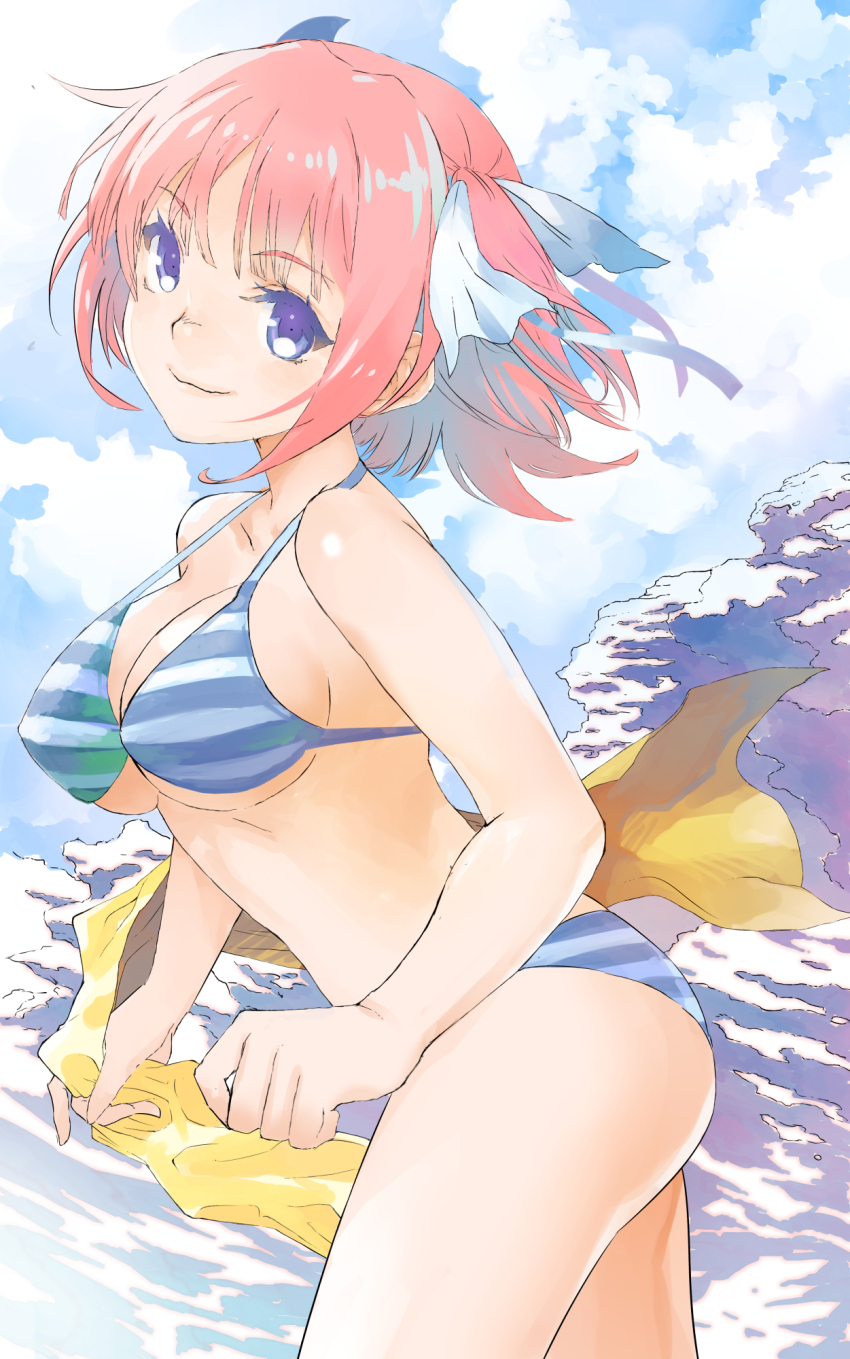 1girl bikini blue_bikini blue_eyes blue_sky breasts butterfly_hair_ornament closed_mouth commentary cowboy_shot from_side go-toubun_no_hanayome hair_ornament highres hirokiku holding holding_unworn_clothes holding_unworn_scarf looking_at_viewer medium_breasts medium_hair nakano_nino pink_hair scarf sky solo striped_bikini striped_clothes swimsuit unworn_scarf