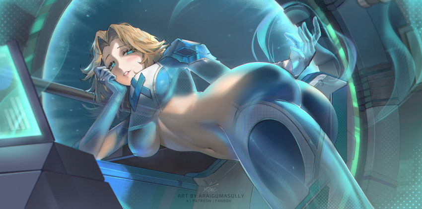 1girl absurdres araigumasully ass blonde_hair blue_eyes blush breasts commentary convenient_censoring english_commentary fantastic_four highres invisible large_breasts long_hair looking_at_viewer marvel marvel_rivals navel nude solo sue_storm